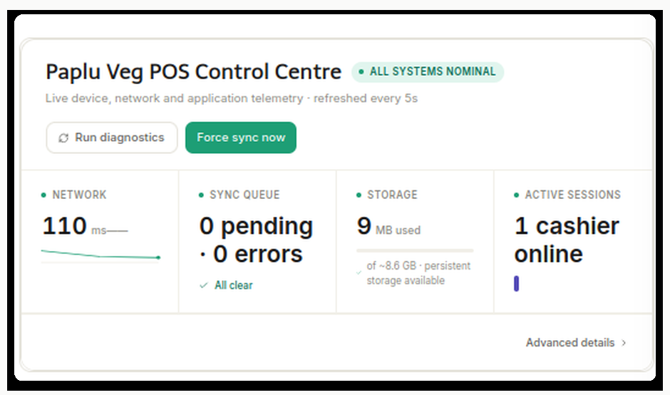 Pallet CRM dashboard and system status control centre showing network, sync, storage, and active sessions