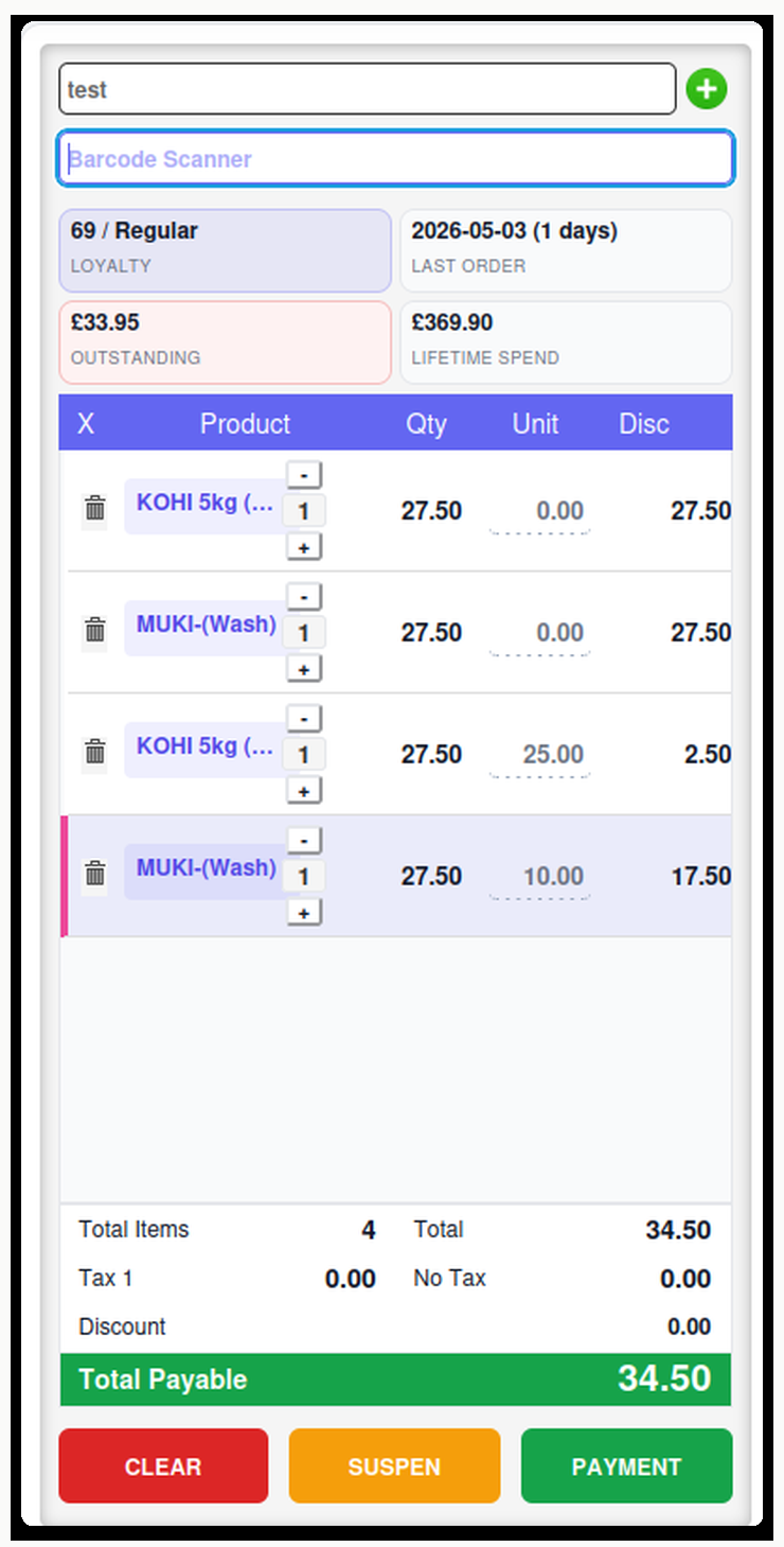 Pallet CRM POS cart showing quantity controls, item discounts, and payment total