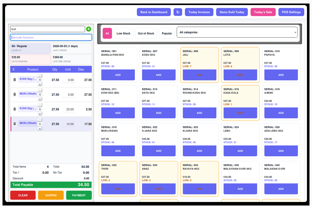 Pallet CRM POS screen showing wholesale products, cart and customer account checkout